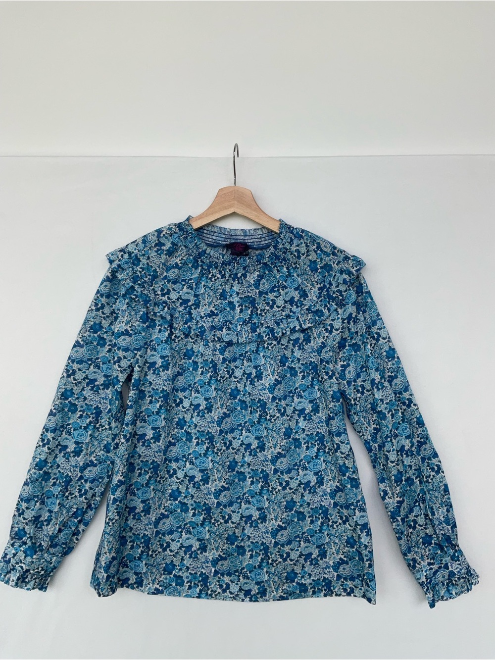 J. Crew Liberty Elysian Blue Floral Ruffle Yoke Blouse